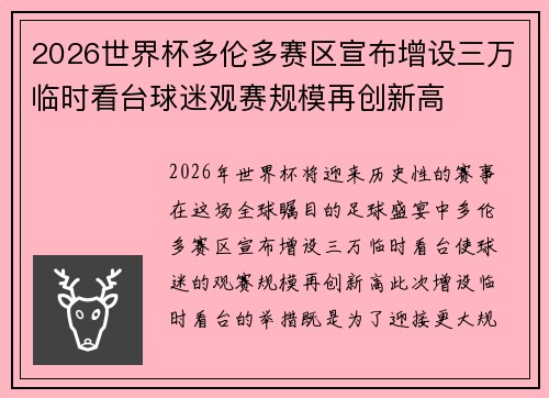 2026世界杯多伦多赛区宣布增设三万临时看台球迷观赛规模再创新高