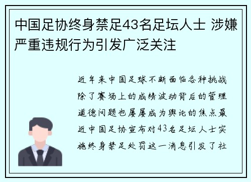 中国足协终身禁足43名足坛人士 涉嫌严重违规行为引发广泛关注 中国足协终身禁足43名足坛人士 涉嫌严重违规行为引发广泛关注