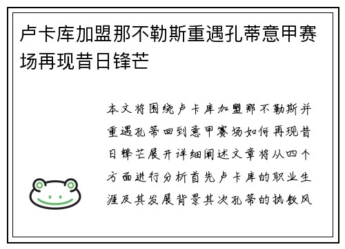 卢卡库加盟那不勒斯重遇孔蒂意甲赛场再现昔日锋芒
